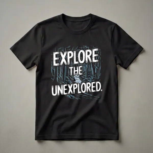 Black t-shirt with white text 'EXPLORE THE UNEXPLORED.' superimposed over a dark, stylized forest scene with a waterfall and stream.