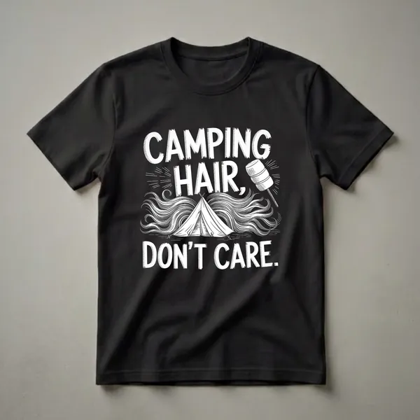 Black t-shirt with white distressed graphic text 'CAMPING HAIR, DON'T CARE.' featuring a tent, flowing hair, and a marshmallow on a stick.
