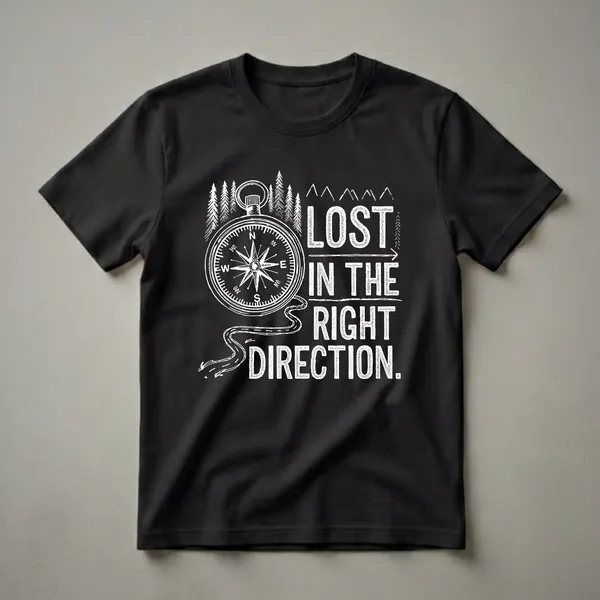 Black t-shirt with a white graphic design of a compass, pine trees, and the text 'Lost in the Right Direction', symbolizing adventure and exploration.