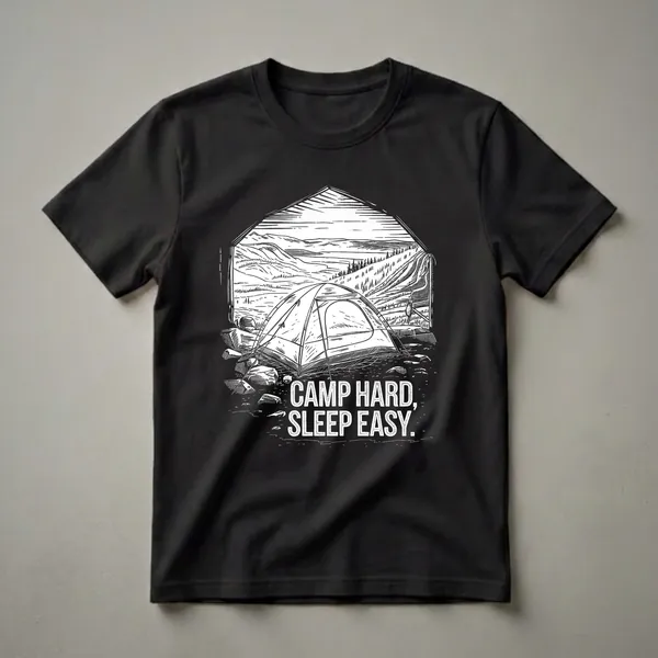 Black t-shirt with a white woodcut-style graphic depicting a tent in a mountain landscape with the text 'CAMP HARD, SLEEP EASY.'