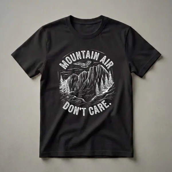 Black t-shirt with a white graphic featuring a mountain landscape, pine trees, a soaring eagle, and the text 'Mountain Air, Don't Care' in a circular design.