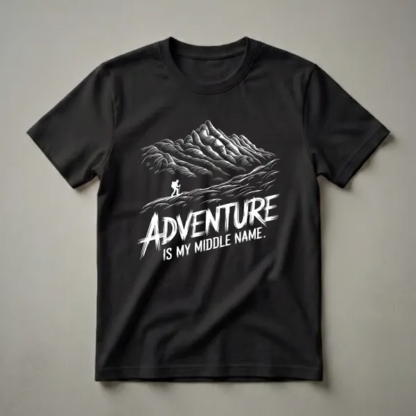 Black t-shirt with a white graphic design of a mountain range and a hiker, featuring the text 'Adventure is My Middle Name.'