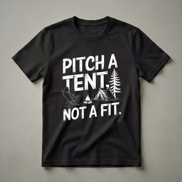 Black t-shirt with white graphic text that reads "PITCH A TENT, NOT A FIT." The design includes a tent, campfire, person in a chair, and a pine tree.
