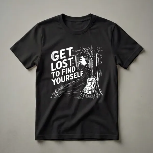 Black t-shirt with white graphic art showing a forest path, trees, a backpack, and a walking stick with the text 'GET LOST TO FIND YOURSELF'.