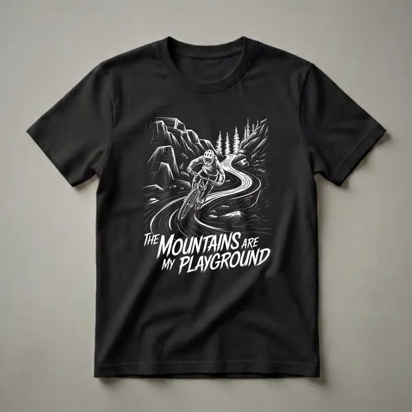 Black graphic t-shirt featuring a white linocut illustration of a mountain biker descending a winding trail through rocky, forested mountains with the text "The Mountains Are My Playground".
