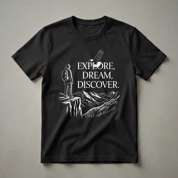 Black t-shirt with a white graphic design featuring a hiker on a cliff overlooking mountains, an eagle flying above the words 'EXPLORE, DREAM, DISCOVER.'
