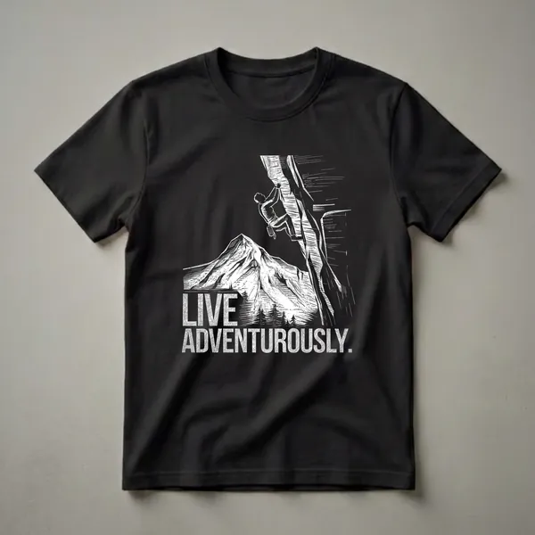 Black t-shirt with a white graphic design of a mountain climber scaling a rock face, with mountains and trees in the background, and the text 'LIVE ADVENTUROUSLY.'