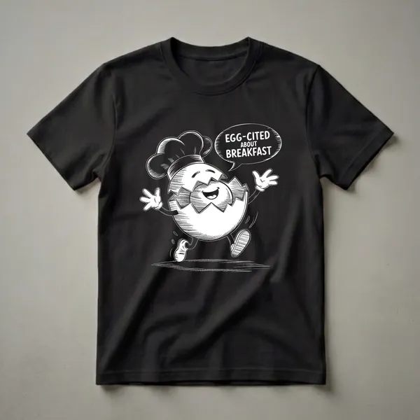 Black t-shirt with a white sketch-style graphic of a cracked egg wearing a chef's hat and gloves, jumping and saying 'EGG-CITED ABOUT BREAKFAST'.