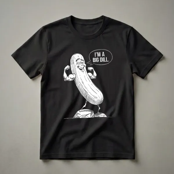 Black t-shirt with a white sketch of a muscular cartoon pickle flexing its biceps, standing on rocks, with a speech bubble that reads 'I'M A BIG DILL.'