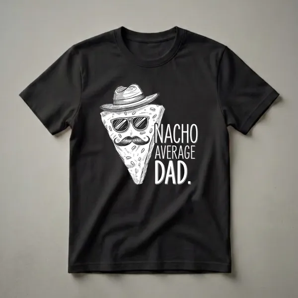 Black t-shirt with a sketch-style nacho chip character wearing a fedora, sunglasses, and a mustache, with the text 'NACHO AVERAGE DAD.'
