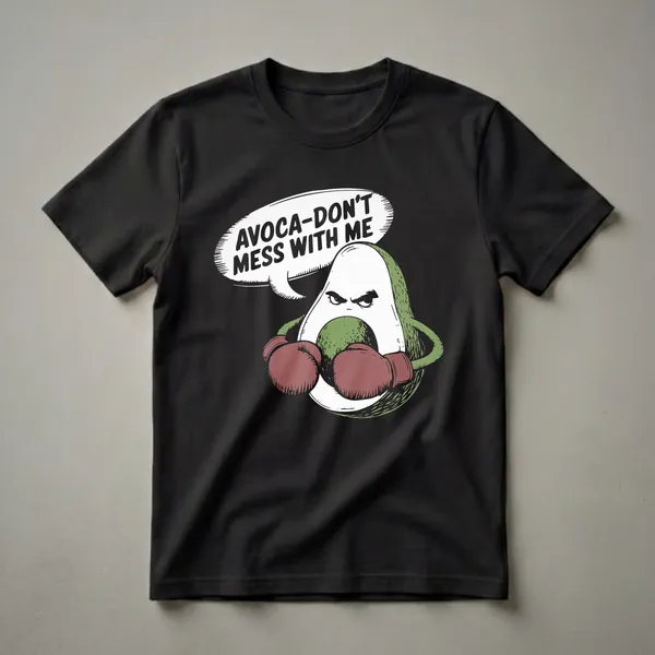 Black t-shirt featuring a cartoon avocado wearing red boxing gloves and a speech bubble that reads 'AVOCA-DON'T MESS WITH ME'.