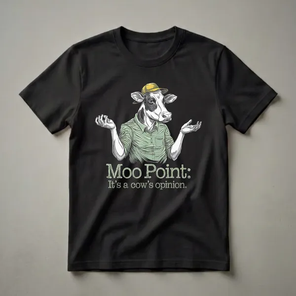 Black and white sketch of a cow wearing a green collared shirt and yellow baseball cap, with hands raised in a shrug, and the text 'Moo Point: It's a cow's opinion.'