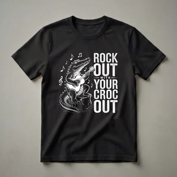 Black t-shirt with a white graphic of an alligator playing an acoustic guitar, surrounded by musical notes, with the text "ROCK OUT WITH YOUR CROC OUT".