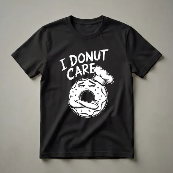 Black t-shirt with a white graphic of a grumpy cartoon donut wearing a chef's hat and crossed arms, with the text "I DONUT CARE" above it.