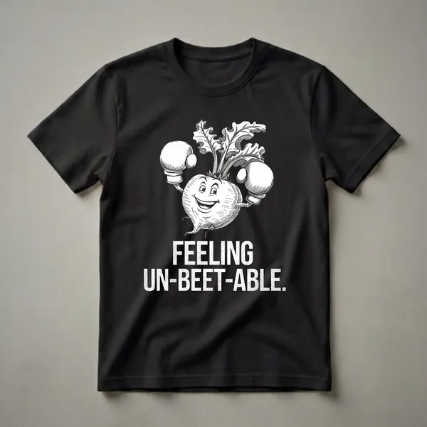 Black and white graphic t-shirt featuring a cartoon beet wearing boxing gloves and the text 'FEELING UN-BEET-ABLE.'