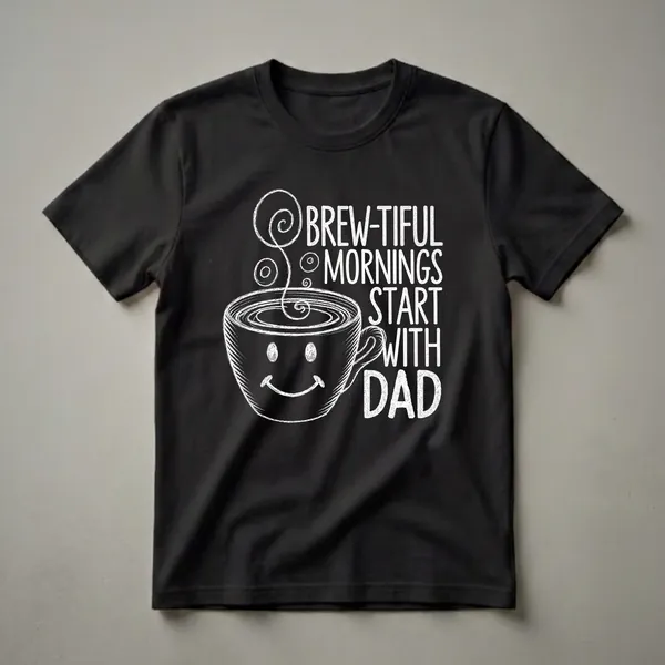Black t-shirt with white chalk-style graphic that reads "Brew-tiful Mornings Start with Dad" above a smiling coffee cup with steam swirls.