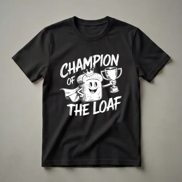 Black t-shirt with a white graphic design of a cartoon slice of bread wearing a crown and cape, holding a trophy, with the text 'Champion of the Loaf'.