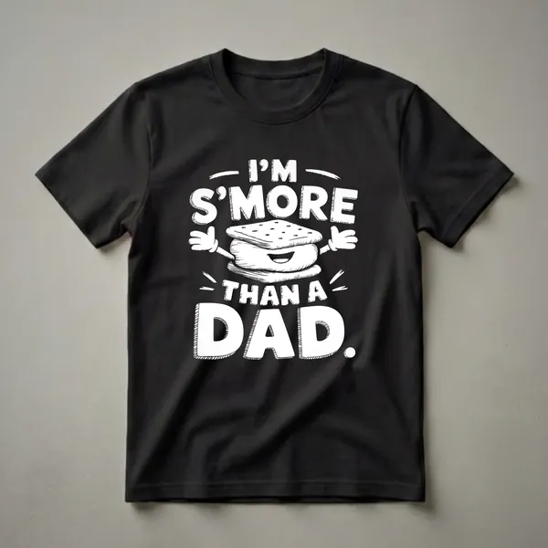 Black t-shirt with white graphic text "I'M S'MORE THAN A DAD" and a cartoon s'more character with a smiling face and outstretched arms.