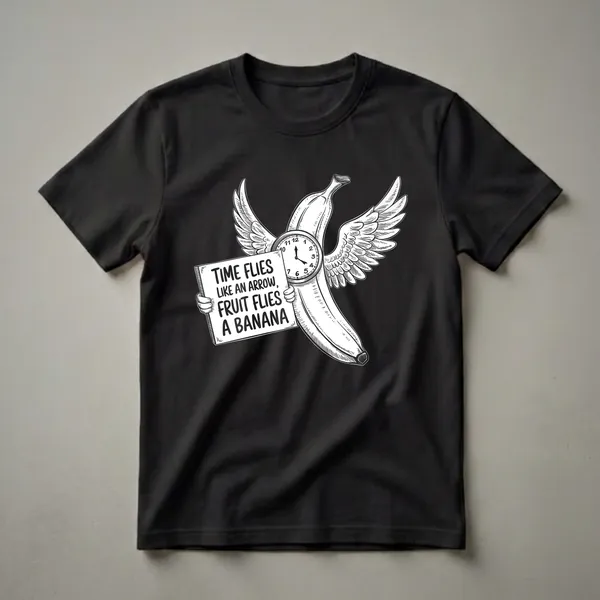 Black and white graphic t-shirt featuring a winged banana with a clock face, holding a sign that reads 'Time Flies Like an Arrow, Fruit Flies Like a Banana'.