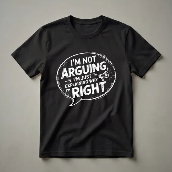 White graphic text on a black shirt reads 'I'm Not Arguing, I'm Just Explaining Why I'm Right' inside a speech bubble with a megaphone.
