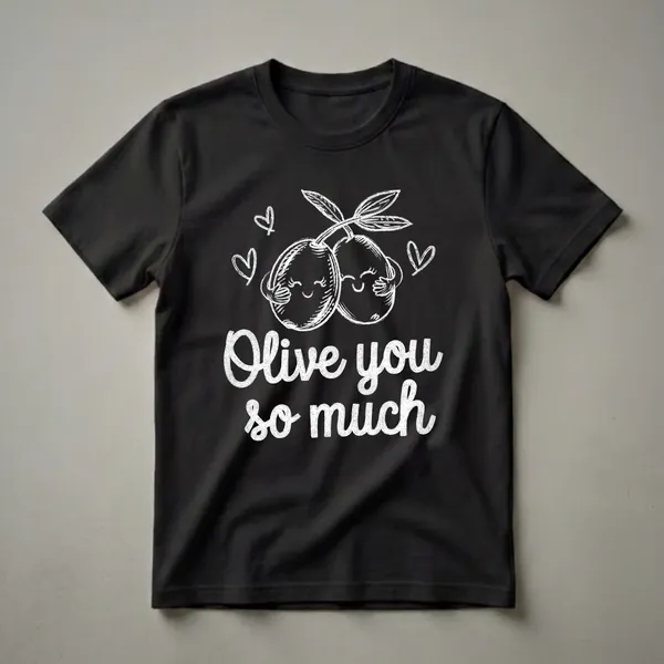 Black t-shirt with a white chalk-style graphic featuring two hugging olives with smiling faces, small hearts, and the text 'Olive you so much'.