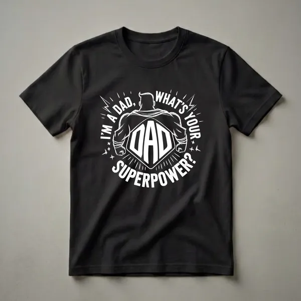 Black t-shirt with white graphic text that reads 'I'm a Dad, What's Your Superpower?' featuring a superhero silhouette with a cape and a 'DAD' emblem.