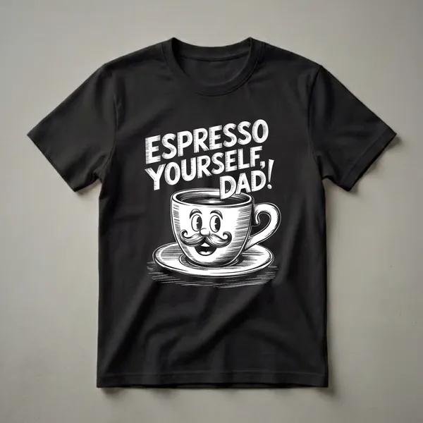 Black t-shirt with a white graphic of a cartoon coffee cup with a mustache and the text 'Espresso Yourself, Dad!'