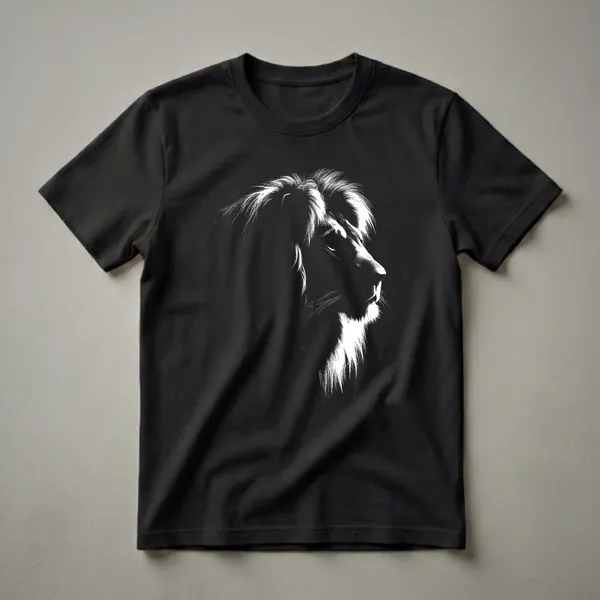 Black t-shirt with a white graphic of a lion's head in profile, showcasing its mane and facial features with a stippled texture.