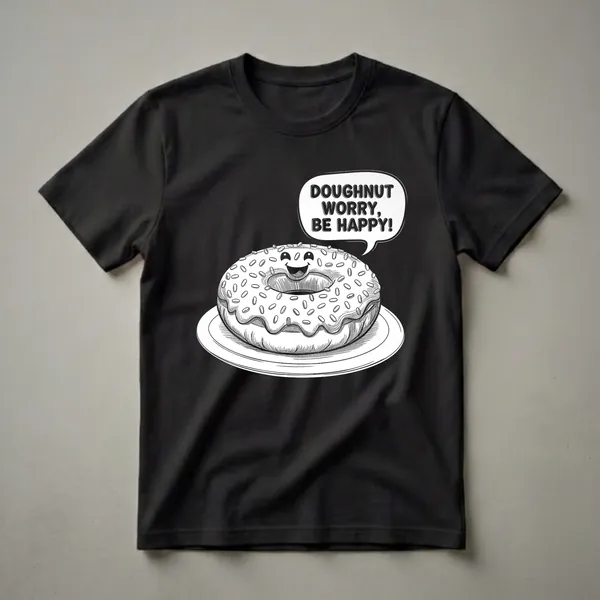 Black and white graphic t-shirt featuring a smiling donut with sprinkles on a plate, with a speech bubble that reads 'Doughnut Worry, Be Happy!'