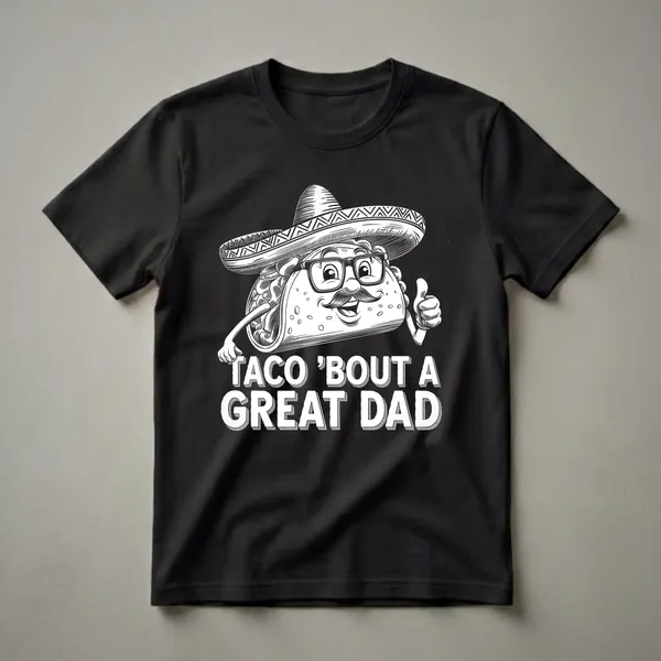 Black graphic t-shirt featuring a cartoon taco wearing a sombrero and glasses, giving a thumbs-up, with the text 'TACO 'BOUT A GREAT DAD' in white.