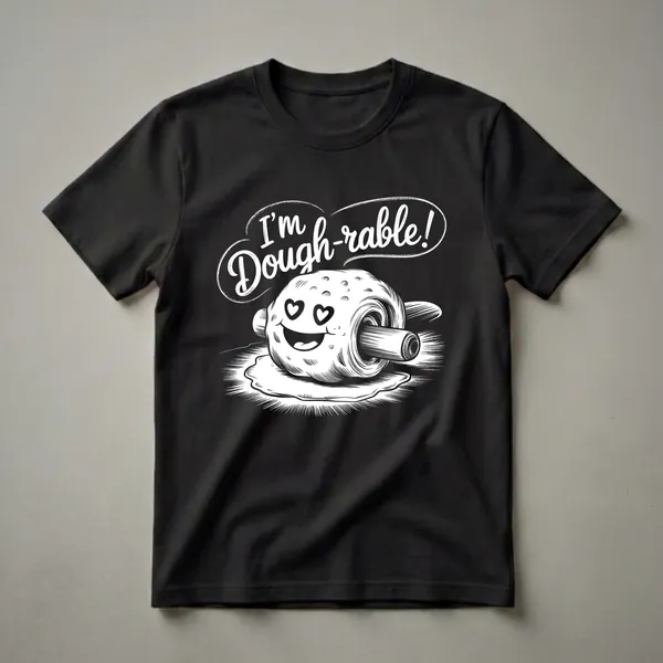 White graphic on a black t-shirt featuring a cartoon rolling pin with a face and heart eyes, sitting in dough, with the text 'I'm Dough-rable!' above.