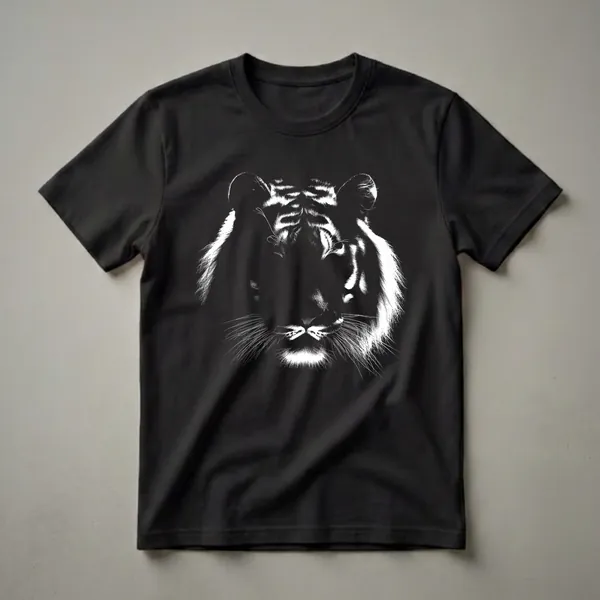 Black and white graphic t-shirt featuring a close-up illustration of a tiger's face with detailed fur texture and prominent whiskers.