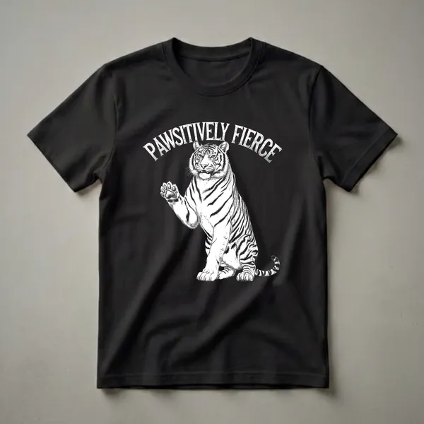Black and white graphic t-shirt featuring a sitting tiger with its paw raised and the text 'Pawsitively Fierce' above it.