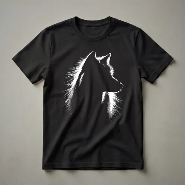 Black t-shirt with a white graphic of a wolf's head in profile, showing detailed fur texture and sharp ears.