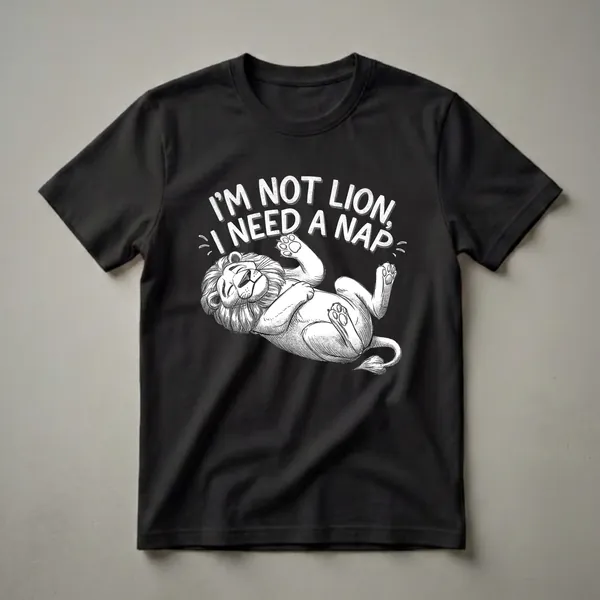 Black t-shirt with a white graphic illustration of a lion lying on its back with text above that reads 'I'M NOT LION, I NEED A NAP'.