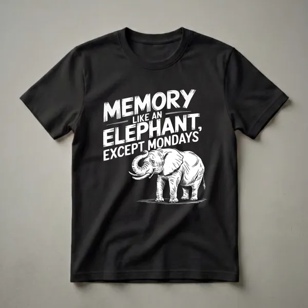 Black t-shirt with white distressed text 'Memory Like an Elephant, Except Mondays' and a white distressed illustration of an elephant.