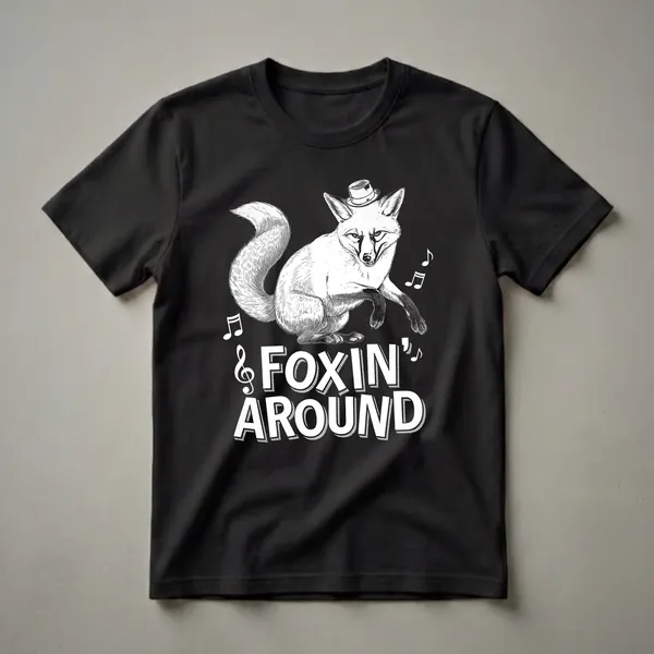 Black graphic t-shirt featuring a white illustration of a fox wearing a top hat, with musical notes and the text "FOXin' AROUND" below.
