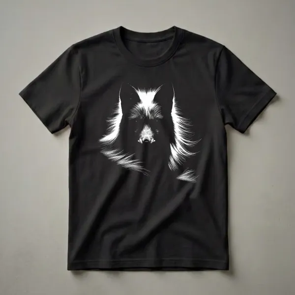 Black and white graphic t-shirt featuring a detailed illustration of a fox's face with intense eyes and textured fur against a black background.