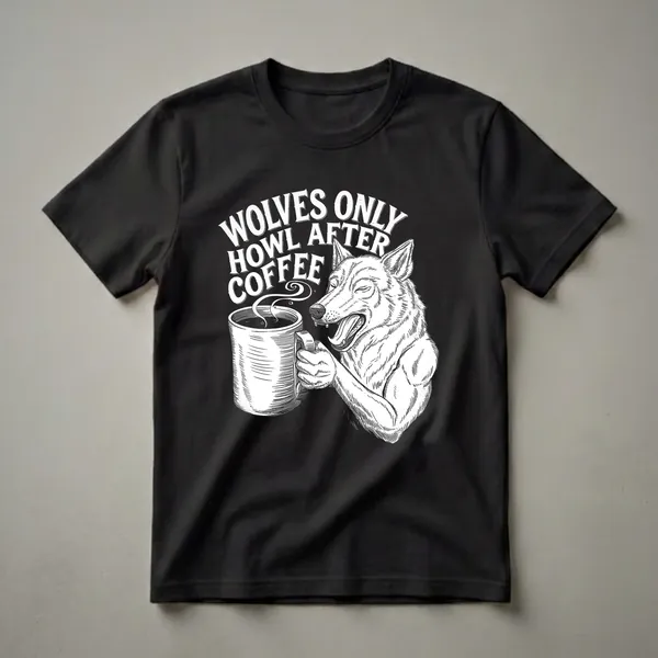 Black t-shirt with a white graphic of a wolf holding a steaming coffee mug, with the text "Wolves Only Howl After Coffee" above.