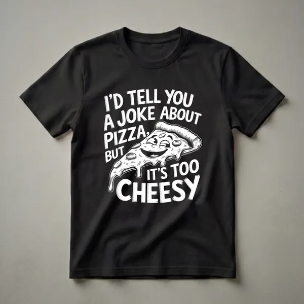 Black t-shirt with a white graphic design that reads 'I’d Tell You a Joke About Pizza, But It’s Too Cheesy' above a cartoon slice of pizza with a face.