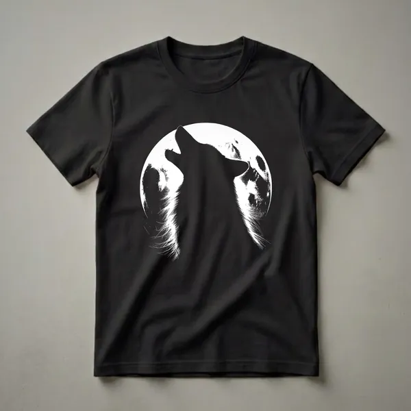 Black graphic t-shirt featuring a silhouette of a wolf howling against a textured white full moon on a black background.