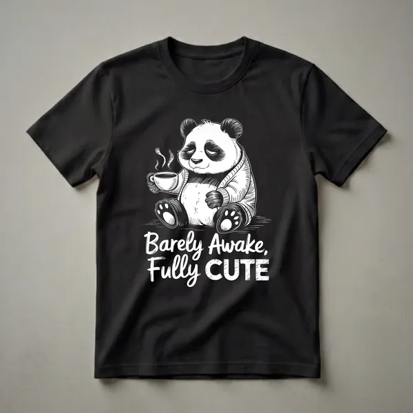 Black and white graphic t-shirt featuring a sleepy panda bear holding a coffee cup with steam, and the text 'Barely Awake, Fully CUTE'.
