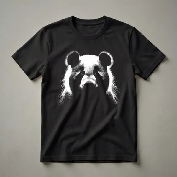 Black and white graphic t-shirt featuring a close-up illustration of a panda bear's face with detailed fur texture.