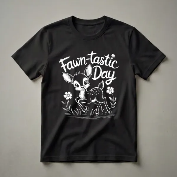 Black t-shirt with a white graphic of a cartoon fawn with spots, surrounded by flowers and grass, with the text 'Fawn-tastic Day' in a brushstroke font.
