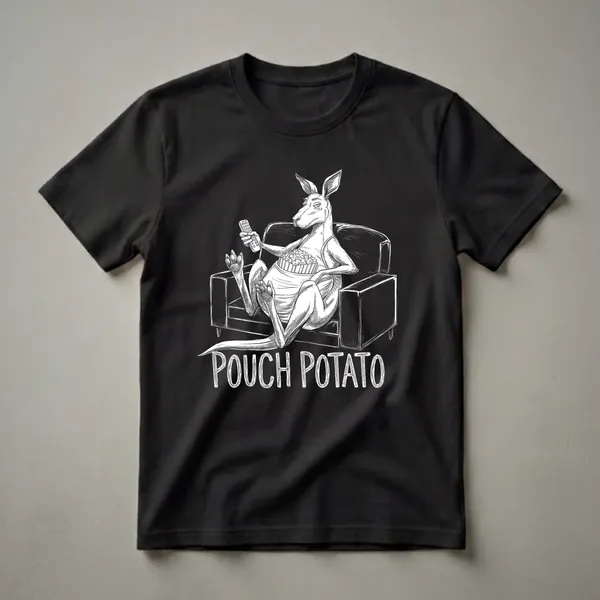 Black and white graphic t-shirt featuring a kangaroo sitting on a couch with a remote and popcorn, labeled 'POUCH POTATO'.