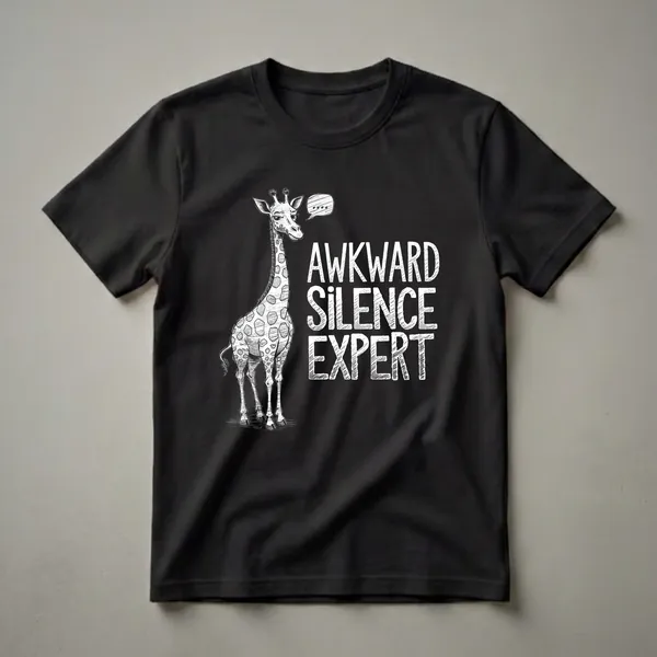 Black t-shirt with a white graphic of a giraffe looking to the side with a speech bubble, and the text "AWKWARD SILENCE EXPERT" in distressed white lettering.