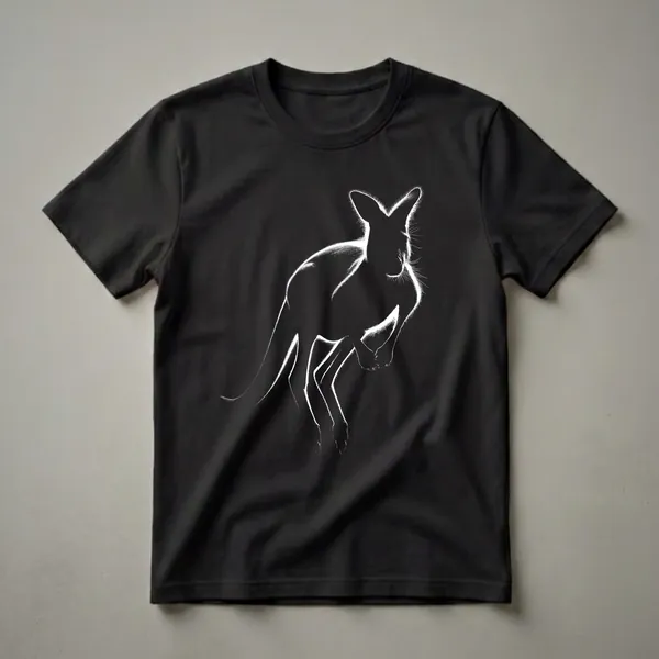 Black and white graphic t-shirt featuring a kangaroo silhouette with a glowing white outline, showcasing its fur texture and dynamic pose.