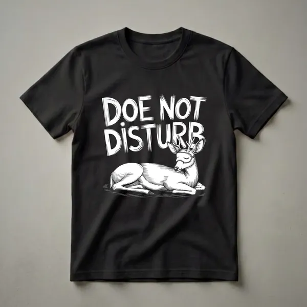 Black t-shirt with a white line-art graphic of a deer wearing a sleep mask and the text 'DOE NOT DISTURB' above it.