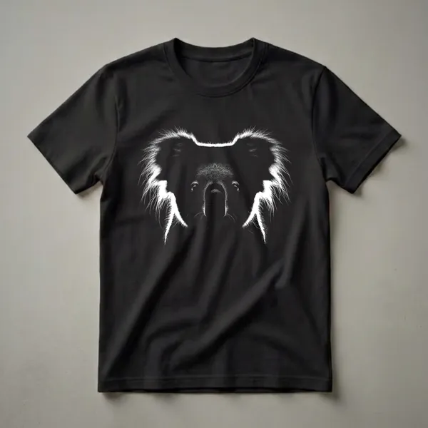 Black t-shirt with a white graphic illustration of a koala's face, featuring detailed fur texture and piercing eyes.