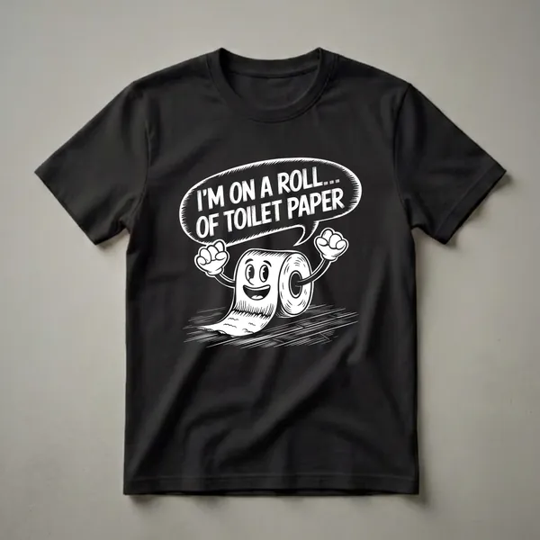 Black t-shirt with a white graphic of a cartoon toilet paper roll character with arms and legs, smiling and raising its fists, with a speech bubble saying "I'M ON A ROLL... OF TOILET PAPER".